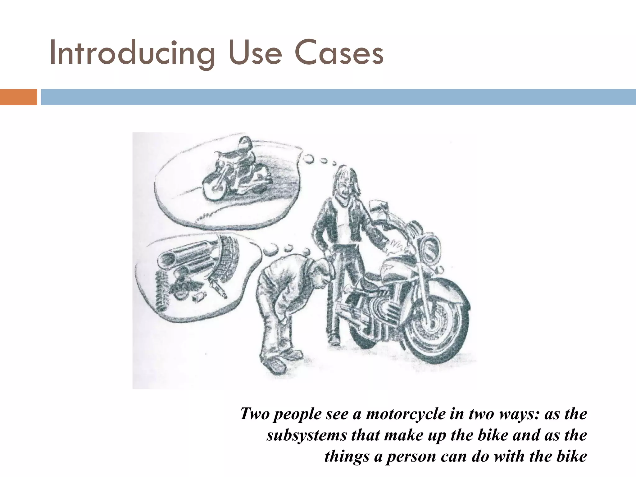 Introducing Use Cases 
Two people see a motorcycle in two ways: as the subsystems that make up the bike and as the things a person can do with the bike  