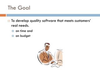 The Goal 
To develop quality software that meets customers’ real needs. 
on time and 
on budget  