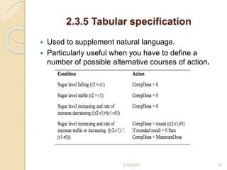 2.3.5 Tabular specification
 Used to supplement natural language.
 Particularly useful when you have to define a
number of possible alternative courses of action.
3/14/2023 18
 