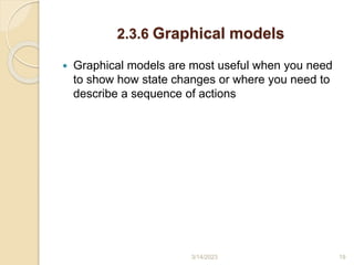 2.3.6 Graphical models
 Graphical models are most useful when you need
to show how state changes or where you need to
describe a sequence of actions
3/14/2023 19
 
