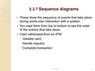 2.3.7 Sequence diagrams
 These show the sequence of events that take place
during some user interaction with a system.
 You read them from top to bottom to see the order
of the actions that take place.
 Cash withdrawal from an ATM
◦ Validate card;
◦ Handle request;
◦ Complete transaction
3/14/2023 20
 