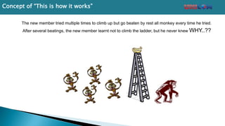 The new member tried multiple times to climb up but go beaten by rest all monkey every time he tried.
After several beatings, the new member learnt not to climb the ladder, but he never knew WHY..??
Concept of “This is how it works”
 