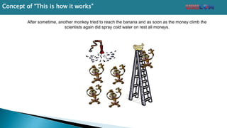 After sometime, another monkey tried to reach the banana and as soon as the money climb the
scientists again did spray cold water on rest all moneys.
Concept of “This is how it works”
 