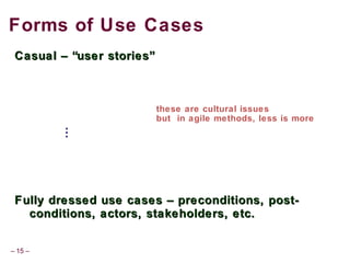 – 15 –
Forms of Use Cases
Casual –Casual – “user stories”“user stories”
Fully dressed use cases – preconditions, post-Fully dressed use cases – preconditions, post-
conditions, actors, stakeholders, etc.conditions, actors, stakeholders, etc.
…
these are cultural issues
but in agile methods, less is more
 