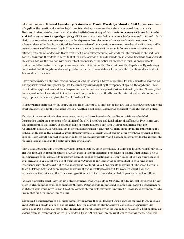 Requirement of a statutory notice in Uganda's laws