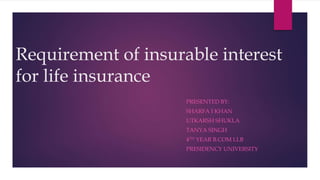 Requirement of insurable interest
for life insurance
PRESENTED BY:
SHARFA I KHAN
UTKARSH SHUKLA
TANYA SINGH
4TH YEAR B.COM LLB
PRESIDENCY UNIVERSITY
 