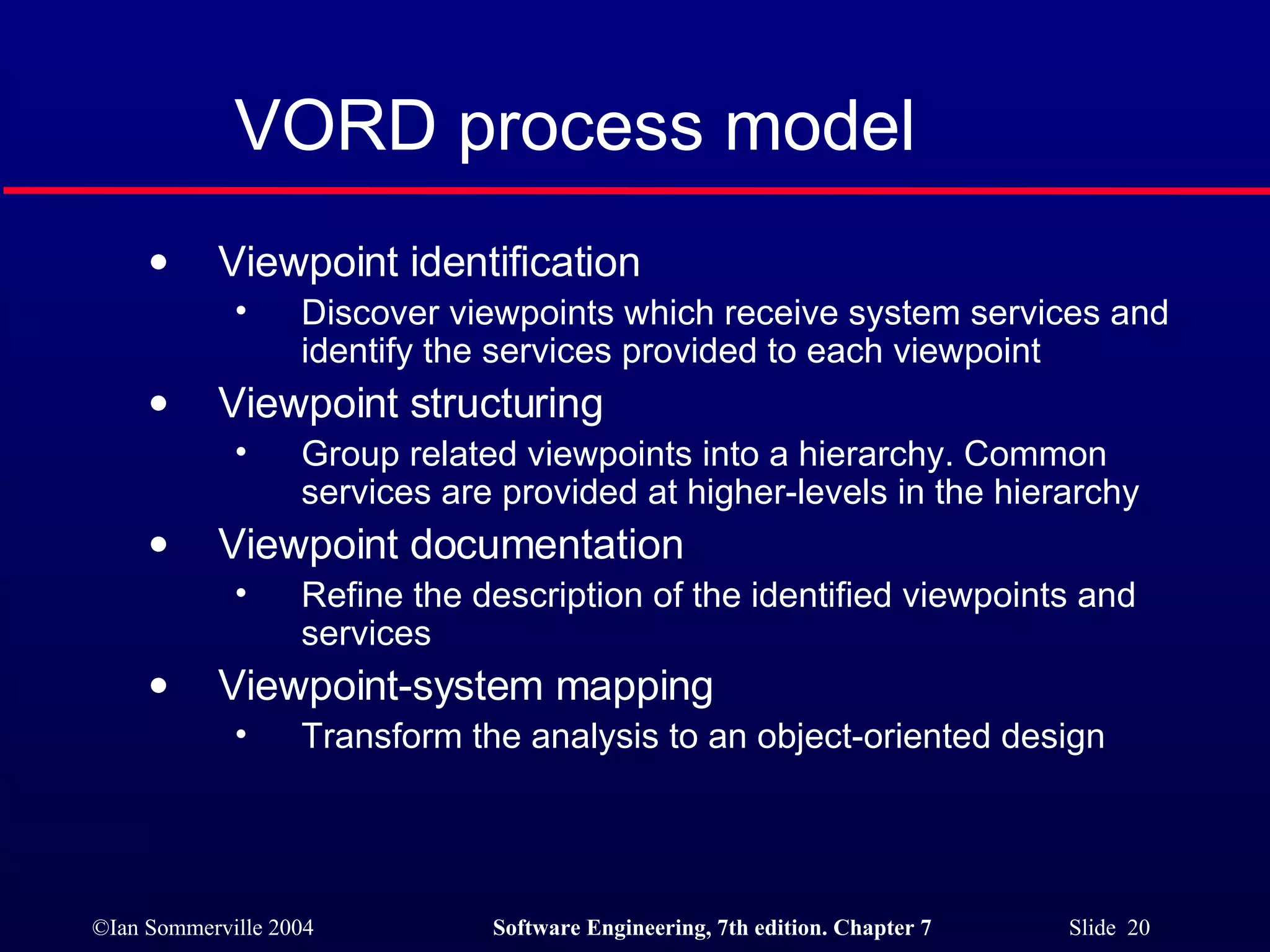 VORD process model Viewpoint identification Discover viewpoints which receive system services and identify the services provided to each viewpoint Viewpoint structuring Group related viewpoints into a hierarchy. Common services are provided at higher-levels in the hierarchy Viewpoint documentation Refine the description of the identified viewpoints and services Viewpoint-system mapping Transform the analysis to an object-oriented design 