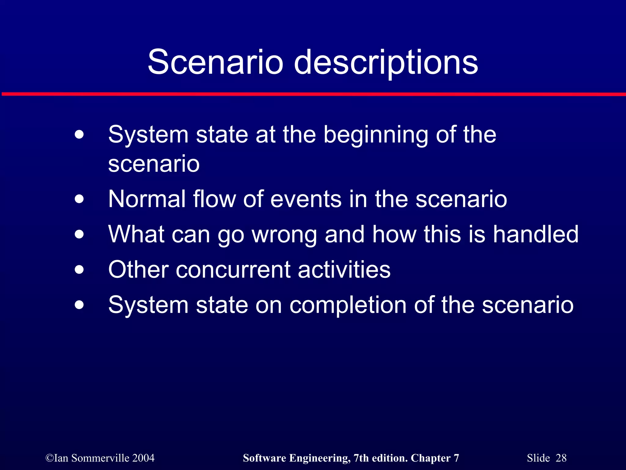 Scenario descriptions System state at the beginning of the scenario Normal flow of events in the scenario What can go wrong and how this is handled Other concurrent activities System state on completion of the scenario 