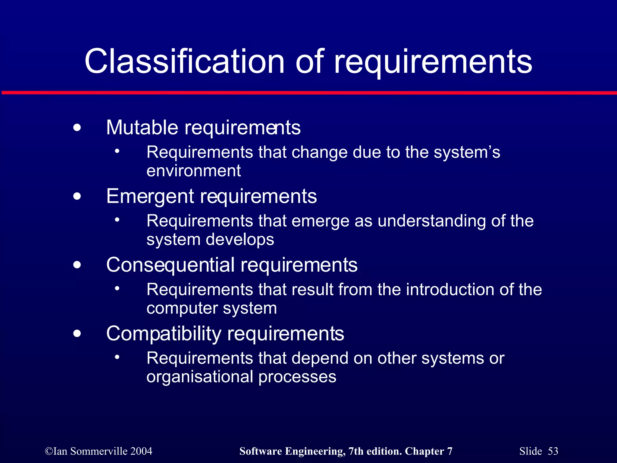 Classification of requirements Mutable requirements Requirements that change due to the system’s environment Emergent requirements Requirements that emerge as understanding of the system develops Consequential requirements Requirements that result from the introduction of the computer system Compatibility requirements Requirements that depend on other systems or organisational processes 