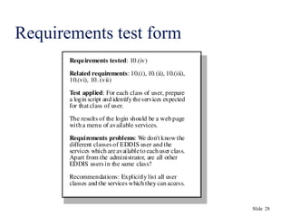 Slide 28
Requirements test form
Requirements tested: 10.(iv)
Related requirements: 10.(i), 10.(ii), 10.(iii),
10.(vi), 10. (vii)
Test applied: For each class of user, prepare
a login script and identify theservices expected
for that class of user.
The results of the login should be a web page
with a menu of available services.
Requirements problems: We don't know the
different classes of EDDIS user and the
services which areavailableto each user class.
Apart from the administrator, are all other
EDDIS users in the same class?
Recommendations: Explicitly list all user
classes and the services which they can access.
 