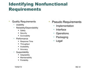 10/02/13 RE 51
Identifying Nonfunctional
Requirements
 Quality Requirements
• Usability
• Reliability/Dependability
• Safety
• Security
• Survivability
• Performance
• Response Time
• Throughput
• Availability
• Accuracy
• Supportability
• Adaptability
• Maintainability
• Portability
 Pseudo Requirements
• Implementation
• Interface
• Operations
• Packaging
• Legal
 