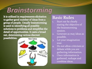 Basic Rules
1. Start out by clearly
stating the objective of
the brainstorming
session.
2. Generate as may ideas as
possible.
3. Let your imagination
soar.
4. Do not allow criticism or
debate while you are
gathering information.
5. Once information is
gathered, reshape and
combine ideas.
 