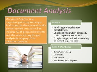 Document Analysis is an
important gathering technique.
Evaluating the documentation of a
present system can assist when
making AS-IS process documents
and also when driving the gap
analysis for scoping of the
migration projects.
• validating the requirement
completeness.
• Chunks of information are mostly
buried in present documents
• A beginning point for documenting
all current requirements.
Benefits
• Time Consuming
• Conflicts
• Exhausted
• Not Found Real Figures
Risks & Drawbacks
 