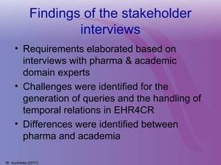 Findings of the stakeholder
interviews
• Requirements elaborated based on
interviews with pharma & academic
domain experts
• Challenges were identified for the
generation of queries and the handling of
temporal relations in EHR4CR
• Differences were identified between
pharma and academia
W. Kuchinke (2017)
 