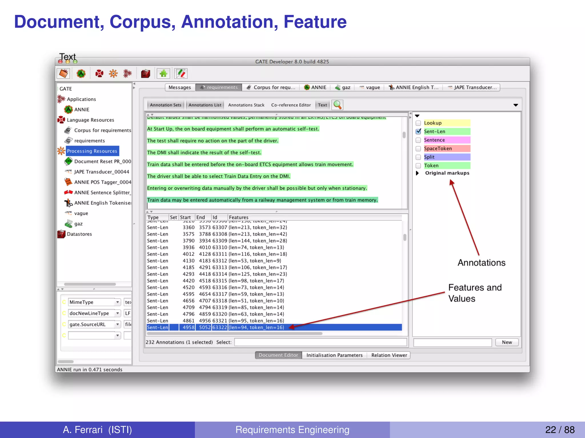 Document, Corpus, Annotation, Feature
A. Ferrari (ISTI) Requirements Engineering 22 / 88
 