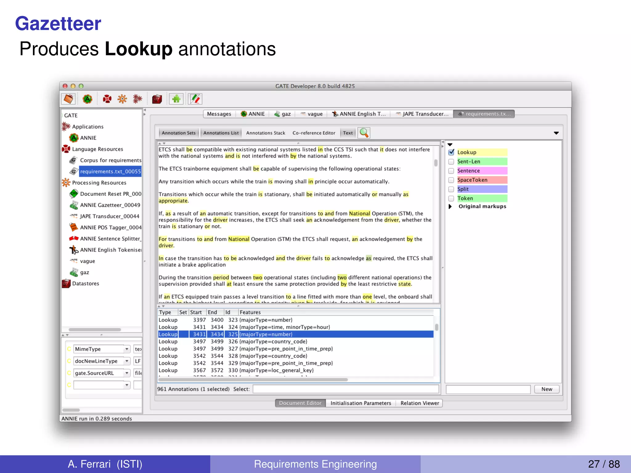 Gazetteer
Produces Lookup annotations
A. Ferrari (ISTI) Requirements Engineering 27 / 88
 