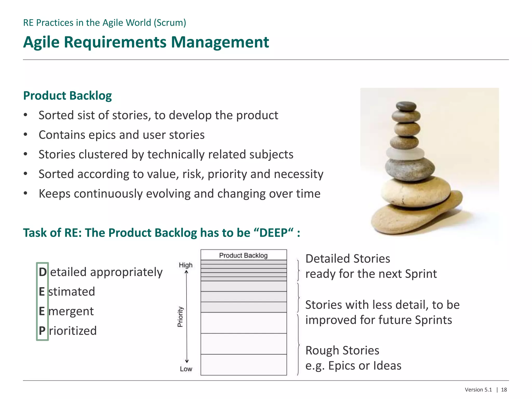 Agile Requirements Management
Version 5.1 | 18
Product Backlog
• Sorted sist of stories, to develop the product
• Contains epics and user stories
• Stories clustered by technically related subjects
• Sorted according to value, risk, priority and necessity
• Keeps continuously evolving and changing over time
Task of RE: The Product Backlog has to be “DEEP“ :
D etailed appropriately
E stimated
E mergent
P rioritized
Detailed Stories
ready for the next Sprint
Stories with less detail, to be
improved for future Sprints
Rough Stories
e.g. Epics or Ideas
RE Practices in the Agile World (Scrum)
 