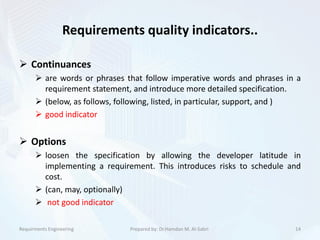 Requirements quality indicators..
 Continuances
 are words or phrases that follow imperative words and phrases in a
requirement statement, and introduce more detailed specification.
 (below, as follows, following, listed, in particular, support, and )
 good indicator
 Options
 loosen the specification by allowing the developer latitude in
implementing a requirement. This introduces risks to schedule and
cost.
 (can, may, optionally)
 not good indicator
14Prepared by: Dr.Hamdan M. Al-SabriRequirments Engineering
 