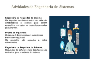 Atividades da Engenharia de Sistemas
Engenharia de Requisitos do Sistema
Os requisitos do sistema como um todo são
estabelecidos e escritos para serem
entendidos por todas as partes interessadas
(stakeholders)
Projeto de arquitetura
O sistema é decomposto em subsistemas
Partição de requisitos
Os requisitos são alocados a estes
sub-sistemas
Engenharia de Requisitos de Software
Requisitos de software mais detalhados são
derivados para o software do sistema
 