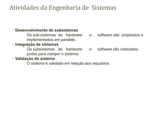 Atividades da Engenharia de Sistemas
∙ Desenvolvimento de subsistemas
Os sub-sistemas de hardware e software são projetados e
implementados em paralelo.
∙ Integração de sistemas
Os subsistemas de hardware e software são colocados
juntos para compor o sistema.
∙ Validação do sistema
O sistema é validado em relação aos requisitos.
 