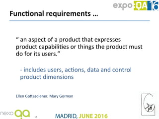 “	an	aspect	of	a	product	that	expresses	
product	capabiliJes	or	things	the	product	must	
do	for	its	users.”	
	
-	includes	...