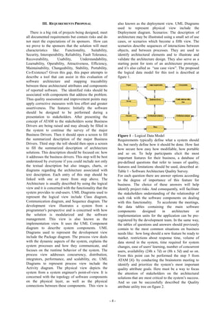 - 4 -
III. REQUIREMENTS PROPOSAL
There is a big risk of projects being designed, meet
all documented requirements but contain risks and do
not meet the expectations of its sponsors. How can
we prove to the sponsors that the solution will meet
characteristics like: Functionality, Suitability,
Security, Interoperability, Reliability, Fault Tolerance,
Recoverability, Usability, Understandability,
Learnability, Operability, Attractiveness, Efficiency,
Maintainability, Changeability, Stability, Portability,
Co-Existence? Given this gap, this paper attempts to
describe a tool that can assist in this evaluation of
software architecture and mapping traceability
between these architectural attributes and components
of reported software. The identified risks should be
associated with components that address the problem.
Thus quality assessment and improvement points may
apply corrective measures with less effort and greater
assertiveness. The features: Initially the software
should be designed to be performed during a
presentation to stakeholders. After presenting the
concept of ATAM to the stakeholders some Business
Drivers are being raised and may already be filled in
the system to continue the survey of the major
Business Drivers. Then it should open a screen to fill
the summarized description of the major Business
Drivers. Third step: the toll should then open a screen
to fill the summarized description of architecture
solutions. This description should be focused on: how
it addresses the business drivers. This step will be best
understood by everyone if you could include not only
the textual description but also images, charts, or
diagrams regarding the architecture associated with
text description. Each entry of this step should be
linked with one or more from step above. The
Architecture is usually described by using the logical
view and it is concerned with the functionality that the
system provides to end-users. UML Diagrams used to
represent the logical view include Class diagram,
Communication diagram, and Sequence diagram. The
development view illustrates a system from a
programmer's perspective and is concerned with how
the solution is modularized and the software
management. This view is also known as the
implementation view. It uses the UML Component
diagram to describe system components. UML
Diagrams used to represent the development view
include the Package diagram. The process view deals
with the dynamic aspects of the system, explains the
system processes and how they communicate, and
focuses on the runtime behavior of the system. The
process view addresses concurrency, distribution,
integrators, performance, and scalability, etc. UML
Diagrams to represent process view include the
Activity diagram. The physical view depicts the
system from a system engineer's point-of-view. It is
concerned with the topology of software components
on the physical layer, as well as the physical
connections between these components. This view is
also known as the deployment view. UML Diagrams
used to represent physical view include the
Deployment diagram. Scenarios: The description of
architecture may be illustrated using a small set of use
cases, or scenarios which become a fifth view. The
scenarios describe sequences of interactions between
objects, and between processes. They are used to
identify architectural elements and to illustrate and
validate the architecture design. They also serve as a
starting point for tests of an architecture prototype,
and it’s also called as “use case view”. The proposed
the logical data model for this tool is described at
figure 1.
Figure 1 – Logical Data Model
Requirements typically define what a system should
do, but rarely define how it should be done. How fast
how secure how easy how modifiable, how portable
and so on. To help participants elicit the most
important features for their business, a database of
pre-defined questions that refer to issues of quality,
features and limitations should be used, described at:
Table 1 - Software Architecture Quality Survey.
For each question there are answer options according
to the degree of importance of this feature for
business. The choice of these answers will help
identify project risks. And consequently, will facilitate
the stakeholders understanding of the relationship of
each risk with the software components on dealing
with this functionality. To accelerate the meetings,
the data tables containing the main software
components designed in architecture or
implementation units for the application can be pre-
registered by the development team. In the same way,
the tables of questions and answers should previously
contain to the most common situations on business
needs like: how long should a new feature be ready to
market. restrictions about response time, volume of
data stored in the system, time required for system
changes, ease of users' learning, number of concurrent
users, availability (24h x 7d) or (8h x 5d) and so on.
From this point can be performed the step 5 from
ATAM [4]- by conducting the brainstorm meeting to
identify and prioritize the system’s most important
quality attribute goals. Here must be a way to focus
the attention of stakeholders on the architectural
solutions that are most critical to the system’s success.
And so can be successfully described the Quality
attribute utility tree on figure 2.
 