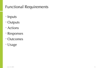 Functional Requirements Inputs Outputs Actions Responses Outcomes Usage 