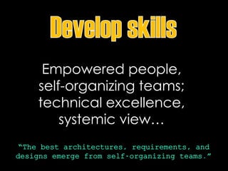Empowered people,
self-organizing teams;
technical excellence,
systemic view…
“The best architectures, requirements, and
designs emerge from self-organizing teams.”