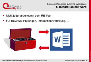 www.software-quality-lab.com | Ihr Partner für Software Qualität und Testen
6. Integration mit Word
Eigenschaften eines guten RE Werkzeugs
 Nicht jeder arbeitet mit dem RE Tool
 Für Reviews, Prüfungen, Informationsverteilung, …
| Folie 10Software Quality Days 2013
 