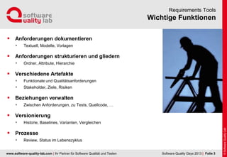 www.software-quality-lab.com | Ihr Partner für Software Qualität und Testen
Wichtige Funktionen
Requirements Tools
 Anforderungen dokumentieren
 Textuell, Modelle, Vorlagen
 Anforderungen strukturieren und gliedern
 Ordner, Attribute, Hierarchie
 Verschiedene Artefakte
 Funktionale und Qualitätsanforderungen
 Stakeholder, Ziele, Risiken
 Beziehungen verwalten
 Zwischen Anforderungen, zu Tests, Quellcode, …
 Versionierung
 Historie, Baselines, Varianten, Vergleichen
 Prozesse
 Review, Status im Lebenszyklus
| Folie 3Software Quality Days 2013
 