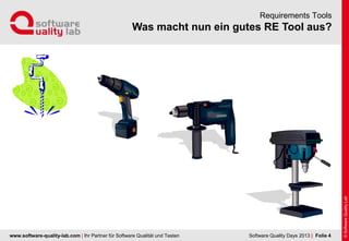 www.software-quality-lab.com | Ihr Partner für Software Qualität und Testen
Was macht nun ein gutes RE Tool aus?
Requirements Tools
| Folie 4Software Quality Days 2013
 