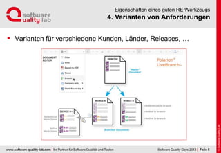 www.software-quality-lab.com | Ihr Partner für Software Qualität und Testen
4. Varianten von Anforderungen
Eigenschaften eines guten RE Werkzeugs
 Varianten für verschiedene Kunden, Länder, Releases, …
| Folie 8Software Quality Days 2013
 
