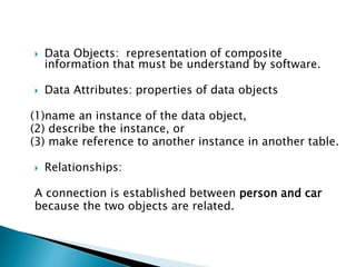  Data Objects: representation of composite
information that must be understand by software.
 Data Attributes: properties of data objects
(1)name an instance of the data object,
(2) describe the instance, or
(3) make reference to another instance in another table.
 Relationships:
A connection is established between person and car
because the two objects are related.
 