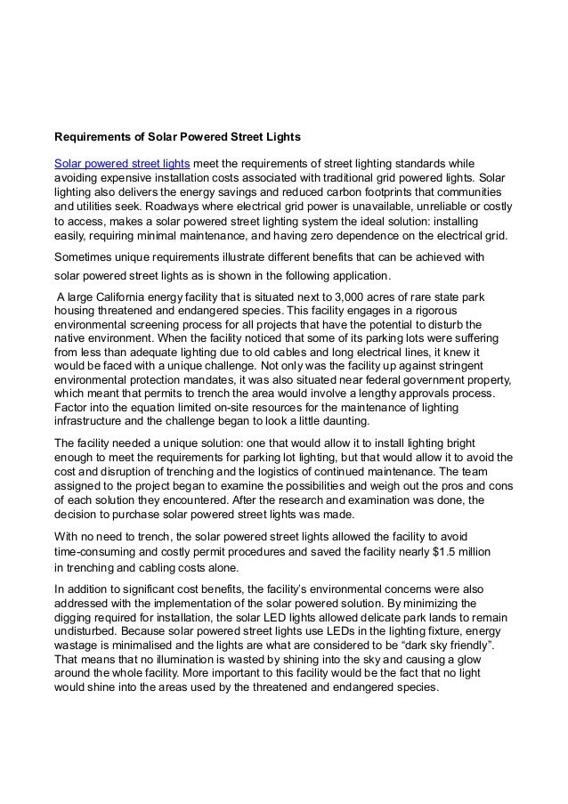Requirements of solar powered street lights