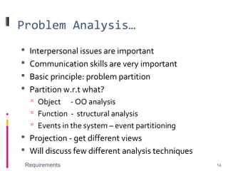 Problem Analysis…
 Interpersonal issues are important
 Communication skills are very important
 Basic principle: problem partition
 Partition w.r.t what?
 Object - OO analysis
 Function - structural analysis
 Events in the system – event partitioning
 Projection - get different views
 Will discuss few different analysis techniques
Requirements 14
 
