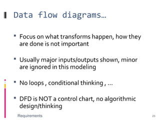 Data flow diagrams…
 Focus on what transforms happen, how they
are done is not important
 Usually major inputs/outputs shown, minor
are ignored in this modeling
 No loops , conditional thinking , …
 DFD is NOT a control chart, no algorithmic
design/thinking
Requirements 23
 