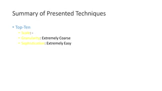 42
Summary of Presented Techniques
• Top-Ten
• Scale: -
• Granularity: Extremely Coarse
• Sophistication: Extremely Easy
 