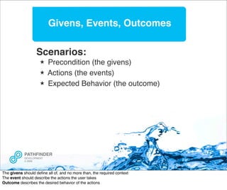 Givens, Events, Outcomes

                   Scenarios:
                          Precondition (the givens)
              ...