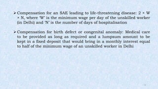Compensation for an SAE leading to life-threatening disease: 2 × W
× N, where ‘W’ is the minimum wage per day of the unskilled worker
(in Delhi) and ‘N’ is the number of days of hospitalisation
Compensation for birth defect or congenital anomaly: Medical care
to be provided as long as required and a lumpsum amount to be
kept in a fixed deposit that would bring in a monthly interest equal
to half of the minimum wage of an unskilled worker in Delhi
13
 