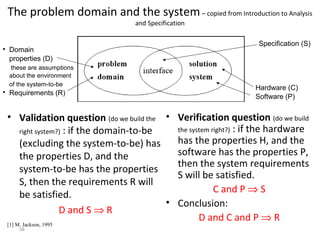 38
The problem domain and the system– copied from Introduction to Analysis
and Specification
• Validation question (do we build the
right system?) : if the domain-to-be
(excluding the system-to-be) has
the properties D, and the
system-to-be has the properties
S, then the requirements R will
be satisfied.
D and S ⇒ R
• Verification question (do we build
the system right?) : if the hardware
has the properties H, and the
software has the properties P,
then the system requirements
S will be satisfied.
C and P ⇒ S
• Conclusion:
D and C and P ⇒ R
[1] M. Jackson, 1995
Hardware (C)
Software (P)

Domain
properties (D)
these are assumptions
about the environment
of the system-to-be

Requirements (R)
Specification (S)
 