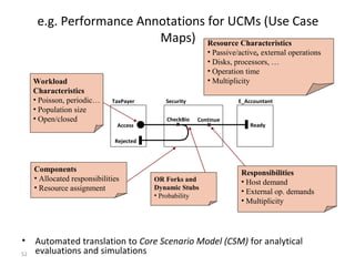 52
• Automated translation to Core Scenario Model (CSM) for analytical
evaluations and simulations
Security E_Accountant
Ready
ContinueCheckBio
TaxPayer
Access
Resource Characteristics
• Passive/active, external operations
• Disks, processors, …
• Operation time
• Multiplicity
Rejected
Workload
Characteristics
• Poisson, periodic…
• Population size
• Open/closed
Responsibilities
• Host demand
• External op. demands
• Multiplicity
OR Forks and
Dynamic Stubs
• Probability
Components
• Allocated responsibilities
• Resource assignment
e.g. Performance Annotations for UCMs (Use Case
Maps)
 