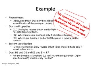 6
Example
• Requirement
– (R) Reverse thrust shall only be enabled
when the aircraft is moving on runway.
• Domain Properties
– (D1) Deploying reverse thrust in mid-flight
has catastrophic effects.
– (D2) Wheel pulses are on if and only if wheels are turning.
– (D3) Wheels are turning if and only if the plane is moving on the
runway.
• System specification
– (S) The system shall allow reverse thrust to be enabled if and only if
wheel pulses are on.
• Does D1 and D2 and D3 and S ⇒ R?
– Are the domain assumptions (D) right? Are the requirement (R) or
specification (S) what is really needed?
based on P. Heymans, 2005
The assumption D3 is false
because the plane may
hydroplane on wet runway.
 