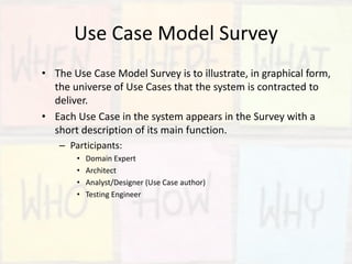 Use Case Model Survey
• The Use Case Model Survey is to illustrate, in graphical form,
the universe of Use Cases that the system is contracted to
deliver.
• Each Use Case in the system appears in the Survey with a
short description of its main function.
– Participants:
• Domain Expert
• Architect
• Analyst/Designer (Use Case author)
• Testing Engineer
 