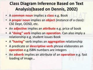 Class Diagram Inference Based on Text
Analysis(based on Dennis, 2002)
• A common noun implies a class e.g. Book
• A proper noun implies an object (instance of a class):
CSE Dept, OOSD, etc.
• An adjective implies an attribute e.g. price of book
• A “doing” verb implies an operation. Can also imply a
relationship e.g. student issues Book
• A “having” verb implies an aggregation relationship
• A predicate or descriptive verb phrase elaborates an
operation e.g.ISBN numbers are integers
• An adverb implies an attribute of an operation e.g. fast
loading of image…
 