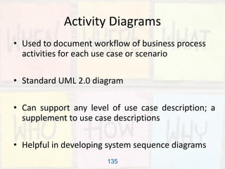 135
Activity Diagrams
• Used to document workflow of business process
activities for each use case or scenario
• Standard UML 2.0 diagram
• Can support any level of use case description; a
supplement to use case descriptions
• Helpful in developing system sequence diagrams
 