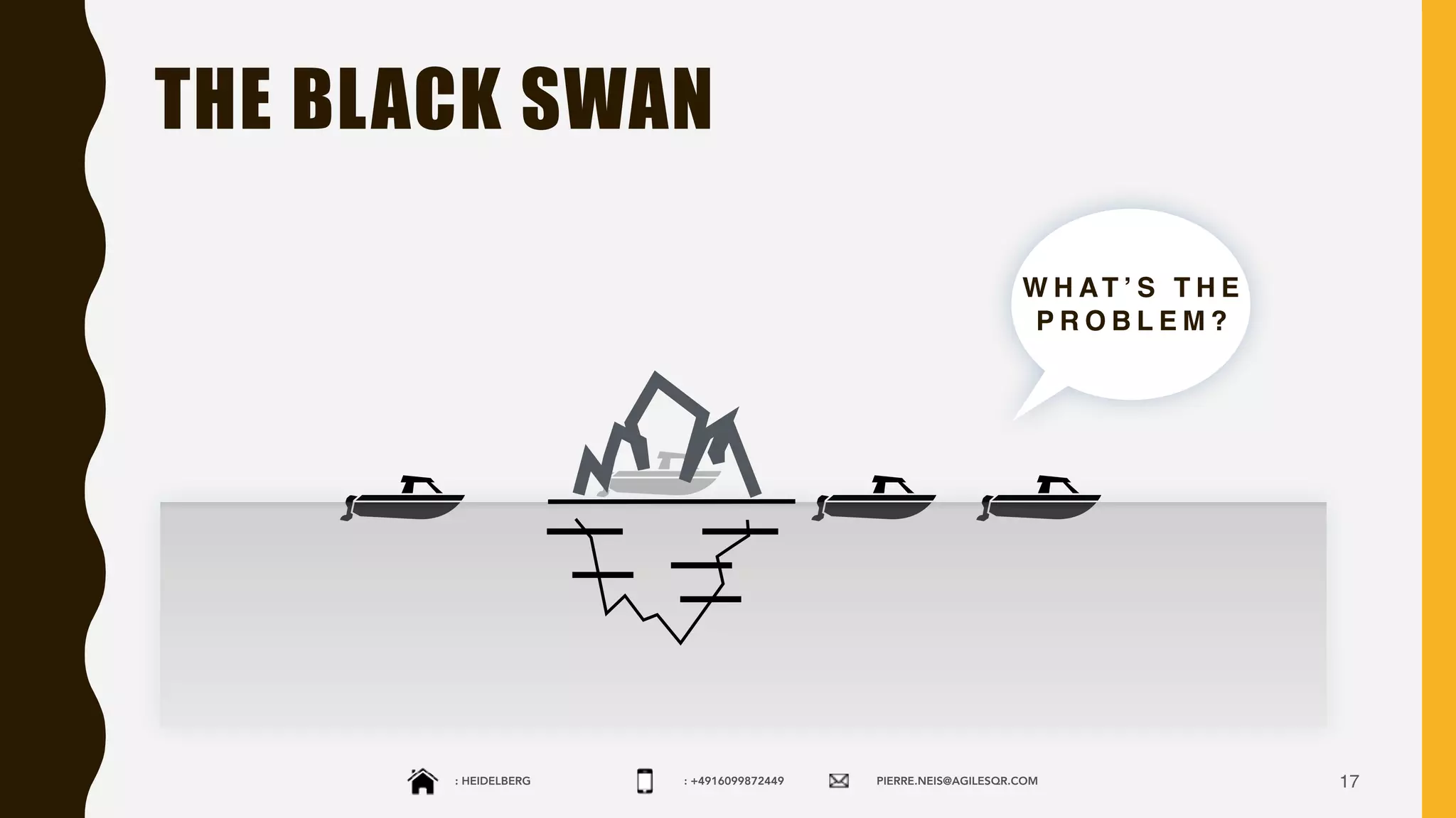 : HEIDELBERG : +4916099872449 PIERRE.NEIS@AGILESQR.COM
THE BLACK SWAN
17
W H AT ’ S T H E
P R O B L E M ?
 
