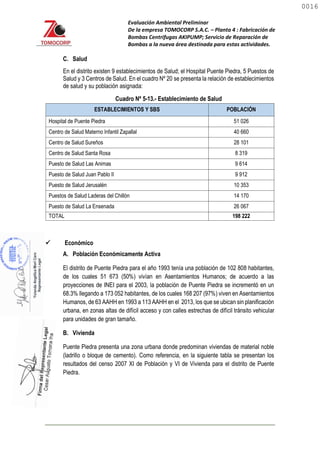 Evaluación Ambiental Preliminar
De la empresa TOMOCORP S.A.C. – Planta 4 : Fabricación de
Bombas Centrifugas AKIPUMP; Servicio de Reparación de
Bombas a la nueva área destinada para estas actividades.
C. Salud
En el distrito existen 9 establecimientos de Salud; el Hospital Puente Piedra, 5 Puestos de
Salud y 3 Centros de Salud. En el cuadro Nº 20 se presenta la relación de establecimientos
de salud y su población asignada:
Cuadro Nº 5-13.- Establecimiento de Salud
ESTABLECIMIENTOS Y SBS POBLACIÓN
Hospital de Puente Piedra 51 026
Centro de Salud Materno Infantil Zapallal 40 660
Centro de Salud Sureños 28 101
Centro de Salud Santa Rosa 8 319
Puesto de Salud Las Animas 9 614
Puesto de Salud Juan Pablo II 9 912
Puesto de Salud Jerusalén 10 353
Puestos de Salud Laderas del Chillón 14 170
Puesto de Salud La Ensenada 26 067
TOTAL 198 222
 Económico
A. Población Económicamente Activa
B. Vivienda
Puente Piedra presenta una zona urbana donde predominan viviendas de material noble
(ladrillo o bloque de cemento). Como referencia, en la siguiente tabla se presentan los
resultados del censo 2007 XI de Población y VI de Vivienda para el distrito de Puente
Piedra.
El distrito de Puente Piedra para el año 1993 tenía una población de 102 808 habitantes,
de los cuales 51 673 (50%) vivían en Asentamientos Humanos; de acuerdo a las
proyecciones de INEI para el 2003, la población de Puente Piedra se incrementó en un
68.3% llegando a 173 052 habitantes, de los cuales 168 207 (97%) viven en Asentamientos
Humanos, de 63 AAHH en 1993 a 113 AAHH en el 2013, los que se ubican sin planificación
urbana, en zonas altas de difícil acceso y con calles estrechas de difícil tránsito vehicular
para unidades de gran tamaño.
0016
0016
 