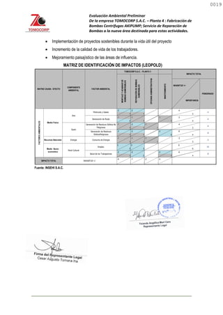 Evaluación Ambiental Preliminar
De la empresa TOMOCORP S.A.C. – Planta 4 : Fabricación de
Bombas Centrifugas AKIPUMP; Servicio de Reparación de
Bombas a la nueva área destinada para estas actividades.
 Implementación de proyectos sostenibles durante la vida útil del proyecto
 Incremento de la calidad de vida de los trabajadores.
 Mejoramiento paisajístico de las áreas de influencia.
MATRIZ DE IDENTIFICACIÓN DE IMPACTOS (LEOPOLD)
Fuente: INSEHI S.A.C.
-2 -2 -4
1 1 2
-1 -1 -1 -3
2 1 1 4
-1 -2 -1 -4
1 1 1 3
-2 -2 -2 -6
1 1 2 4
-1 -1 -1 -3
1 1 1 3
3 3 6
3 3 6
-2 -2 -2 -6
1 2 1 4
-6 -7 -2 -5
- - - -
Generación de Residuos Sólidos No
Peligrosos
Generación de Residuos
SólidosPeligrosos
IMPACTO TOTAL
MONTAJE
Y
ACABADO
DE
BOMBAS
SUMERGIBLES
PONDERADO
OFICINAS
ADMINISTRATIVAS
-4
-4
-8
-4
MATRIZ CAUSA - EFECTO
COMPONENTE
AMBIENTAL
FACTOR AMBIENTAL
TOMOCORP S.A.C. - PLANTA 3
IMPORTANCIA
REPARACIÓN
DE
BOMBAS
SUMERGIBLES
MAGNITUD +/-
MANTENIMIENTO
Salud de los Trabajadores
FACTORES
AMBIENTALES
Consumo de Energía
Particulas y Gases
Aire
Generación de Ruido
Suelo
Medio Fisico
Recursos Naturales
Medio Socio-
economico
18
-8
Energía
Empleo
Nivel Cultural
IMPACTO TOTAL MAGNITUD +/-
-3
0019
0019
 
