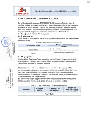 PLAN DE MINIMIZACION Y MANEJO DE RESIDUOS SOLIDOS
CAP.4 PLAN DE MANEJO DE RESIDUOS SOLIDOS
Se evidencia que la empresa TOMOCORP.S.A.C genera diferentes tipos de
residuos en todo su proceso productivo y en las diferentes actividades que realiza
en el interior de sus instalaciones, es por ellos que el objetivo principal de este
plan es la gestión y el adecuado manejo de los residuos sólidos generados en la
empresa en todo su proceso productivo y actividades administrativas.
4.1 Manejo de Residuos No Peligrosos
4.1.1. Minimización
En la Tabla N° se presentan las técnicas que se implementaran por la empresa en
el periodo 2020
Tabla N° Técnica me minimización
RESIDUOS SOLIDOS
Técnica de Minimización
Propuesta
Papel de oficina
Se utilizara las hojas blancas por ambas caras
Cartón
Se reutilizará las cajas de cartón
4.1.2 Segregación
Los Residuos Sólidos no Peligrosos serán manejados en forma separada según
su naturaleza y cantidad, siendo almacenado temporalmente en contenedores
ubicados en las diversas áreas de la planta.
El color de cada contenedor obedecerá a la naturaleza del residuo sólido
generado, es por ello que se tomara como referencia lo establecido en la Norma
Técnica Peruana 900.058:2005. Código de colores para los dispositivos de
almacenamiento de Residuos, los residuos pueden ser segregados asociando un
color al recipiente que los contendrá.
En el siguiente cuadro se presenta en color del contenedor a emplearse para el
almacenamiento intermedio o central temporal de residuos solidos
Tabla N°.. Tipo de Residuo y Color del Recipiente
RESIDUO
LUGAR DE
ACOPIO
ALTERNTIVA DE
DISPOSICION
COLOR DEL
CONTENEDOR DE
ALMACENAMIENTO
Papel y Cartón
0207
0207
 