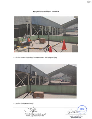 Fotografías del Monitoreo ambiental
CA-01: Estación Barlovento (a 10 metros de la entrada principal)
CA-02: Estación Meteorológica
0216
0216
 